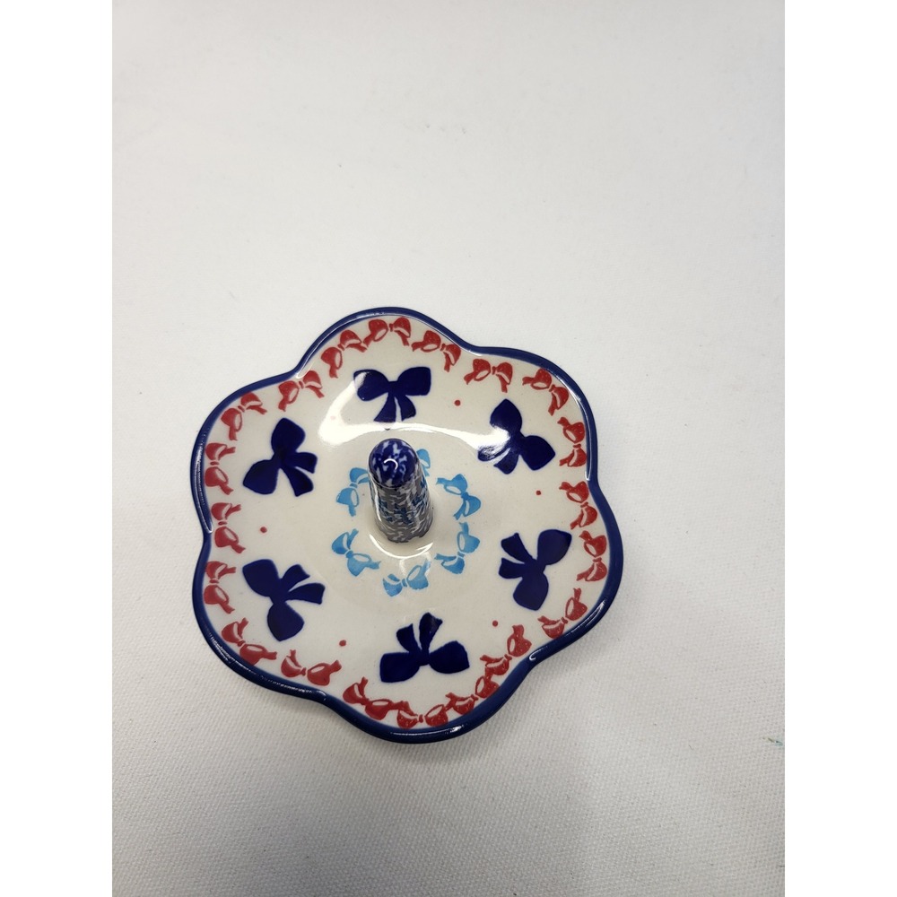 Manufaktura‎ Polish Pottery Ring Holder Boleslawiec Blue Red Bows Scalloped Dish